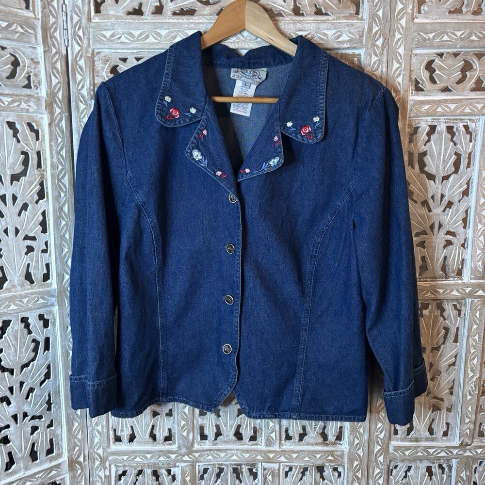 River Ridge Trading Company Denim Floral Collar/Lapel Button Up Jacket-LARGE